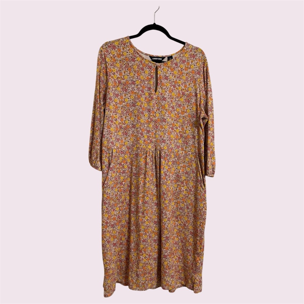 Lands’ End Large Pink/Yellow Long Sleeve Floral Print Dress, EUC